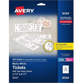 Avery Tickets with Tear-Away Stubs, 1.75" x 5.5", Matte White, Pack of 200 (16154)