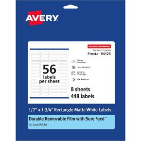 Avery Durable Removable Rectangle Labels, Sure Feed Technology, 0.5" x 1.75", Matte White Film, Water-Resistant, Print-to-The-Edge, Laser/Pigment-Based Inkjet Printable, 448 Total