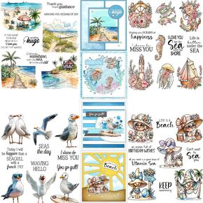 4 Beach Bird Set -Sentiments Rubber Clear Stamps Set for Card Making Acrylic Stamp Block Tools with Grid Lines Craft Supplies DIY Scrapbooking Notebook Stamps