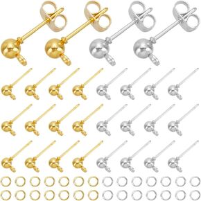 24Pcs 2 Colors Ball Post Earrings with Loop Stud Gold Silver Earring Findings Earring Posts and Backs for Women DIY Dangle Earring Jewelry Making