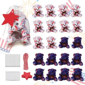 20 Set 4th of July Mini Plush Bears 4 Inch Independence Day Tiny Bears Toys Patriotic Mini Stuffed Animals with Star Cards Organza Bags Rope for Celebrate Independence Day Party Decor Favors