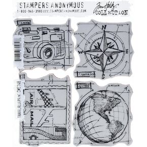 Stampers Anonymous Tim Holtz Cling Rubber Stamp Set, 7 by 8.5-Inch, Travel Blueprint