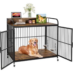 48 Inch Dog Crate Furniture, Dog Crate with Adjustable Height Feeder, Designed for Small Dogs, Featuring 360-Degree Swivel Wheels for Easy Movement, Rustic Brown Finish