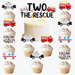 Emergency Vehicle Party Decorations, 13PCS Rescue Vehicles Theme Happy Birthday Cake and Cupcake Toppers First Responders Ambulance Firetruck Police Birthday Party Supplies