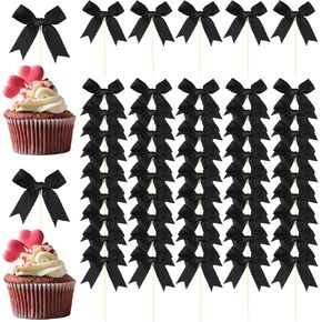 50 Pcs Pink Bow Cupcake Toppers Satin Ribbon Bow Cake Topper for Bow Birthday Decorations Coquette Party Supply for Baby Shower Engagement Bachelorette Wedding Decoration (Pink)