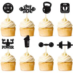 24PCS Gym Theme Cupcake Toppers Weight Lifting Workout Cake Decorations for Muscle Party Fitness Theme Birthday Party Strong Bodybuilding Theme Party Supplies