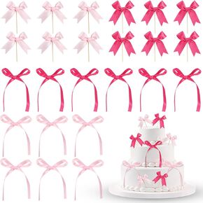 36 Pcs Bow Cupcake Cake Toppers, Dessert Pick, Bowknot Pink Bow Birthday Decorations, Coquette Themed Bridal Wedding Bachelorette Girl Party Suppliess