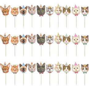 30 pcs Cat Cupcake Toppers, Cats Face Cupcake Toppers, Single Sided Cat Cupcakes Topper Birthday, Pet Themed Cats Cake Decorations, Kitten Cupcakes Topper for Cake Baby Shower