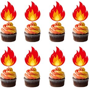 24Pcs Fire Flame Theme Cupcake Toppers Flame Birthday Party Decorations Fire Theme Cake Cupcake Decorations for Firefighter Birthday Party Fire Truck Baby Shower Supplies