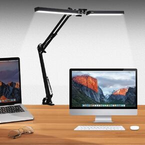 LED Double Head Desk Lamp with Clamp，Eye Caring Architect Desk Lamp for Home Office Adjustable Flexible Lamp with Remote Control & 3 Color 10 Brightness Dimming(Black)