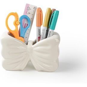 Bow Pen Holder, Cute Desk Pencil Holder, White Ceramic Toothbrush Holder, Makeup Brush Holder for Bathroom Storage, Office Decor