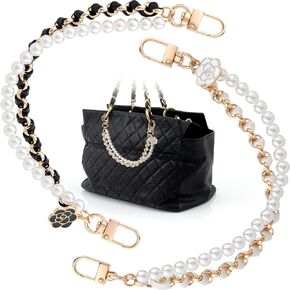 Hzopcw 2pcs Pearl Purse Double Chain, 10.2" Cute Flower Bag Extender Chain for Women, Alloy Purse Strap Extender Replacement Bag Charm for Handmade Crossbody Bags Wallets- White & Black