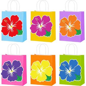 C L cooper life 12Pcs Hawaii Tropical Party Gift Treat Bags with Handles Hibiscus Flowers Paper Tote Bags for Hawaiian Flower Theme Birthday Decorations Hawaii Luau Aloha Party Supplies