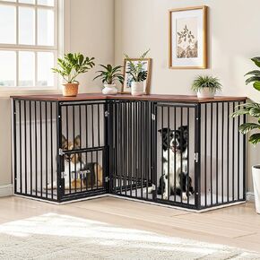 2 Dogs 60"-80" Double Corner Dog Crate Furniture for Large Medium Dogs, Heavy Duty Indoor Dog Kennel TV Stand with Dividers, Double-Room Indoor Dog House with Removable Trays (White)