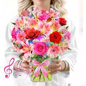 Birthday Cards with MUSIC & LIGHTS, 3D Pop Up Happy Birthday Cards, 12 Inch Life Sized Forever Flower Bouquet Greeting Card Gift for Women Mom Grandma
