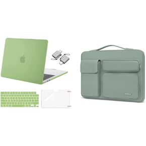 MOSISO Compatible with MacBook Air 13 inch Case 2024 2023 2022 M3 A3113 M2 A2681 Touch ID, Plastic Hard Shell&Keyboard Cover&Screen Film&Type C Adapter& Side Open Bag, Chartreuse&Antique Green