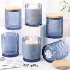 LAMORGIFT 14OZ Creamy Glass Candle Jars for Making Candles, 6 Pack - Empty Candle Jars Bulk with Bamboo Lids and Candle Making Accessories, Ribbed Candle Vessels Containers for Candle Making