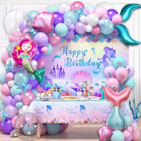 Winrayk Little Mermaid Party Decorations Birthday Supplies Girls, Pink Purple Balloon Arch & Backdrop Tablecloth & Bobo Balloon Tail Shell Foil Balloon Printed Balloon, Princess Mermaid Birthday Decor