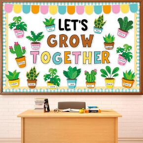 Greenery Bulletin Board Set Potted Plant Back to School Classroom Decoration Name Tag Inspirational Motivational Plant Paper Cutout for Chalkboard Wall Door Decor Teacher Supplies(Let's Grow Together)