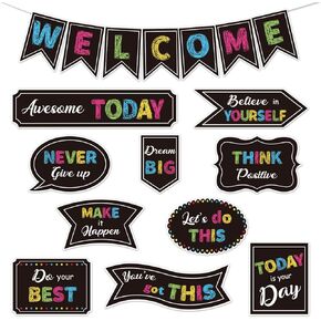 44pcs Brights Positive Sayings Accents Back to School Chalkboard Cutouts Welcome Back Banner with 100Pcs Glue Points Inspirational Quotes Bulletin for Classroom School Kindergarten First Day