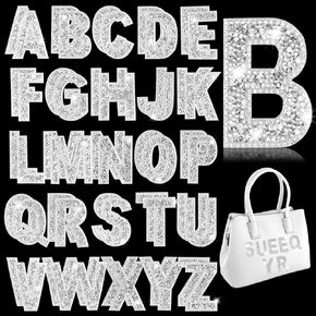 52Pcs Glitter Resin Rhinestone Alphabet Letter Sticker Crystal Rhinestone A-Z Letters Self-Adhesive Iron on Letter Silver White Rhinestones Word Sticker for DIY Art Clothing Crafts Decoration