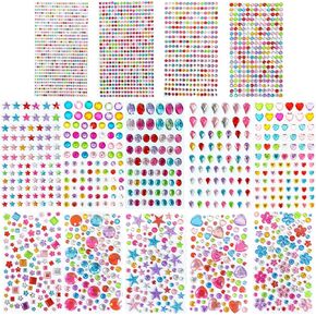 Cayton Gem Stickers, 14 Sheets 2800 PCS Self-Adhesive Rhinestone Stickers Sparkling Gemstones Self-Adhesive Colored for DIY Scrapbook Craft Supplies for Kids (Color 1)