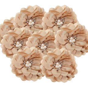 PATIKIL 3.15 Inch Chiffon Flowers, 5 Pcs Fabric Flowers Rhinestone Pearl Large Camellia Sewing Appliques for DIY Crafts Dresses Clothing Headbands Wedding Party Decoration, Beige