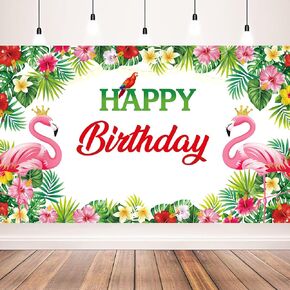 Flamingo Birthday Backdrop, Tropical Floral Flamingo Birthday Banner for Flamingo Party Decorations, Luau Bday Backdrop for Hawaiian Party Decorations, 71x43 inch (Gradient)
