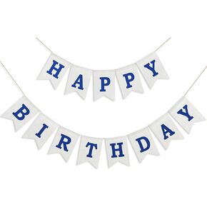 Navy Blue Burlap Happy Birthday Banner - Pre-Strung Reusable Birthday Sign Decorations for Adults, Kids, Women, Men, Girls & Boys - Party Supplies Backdrop