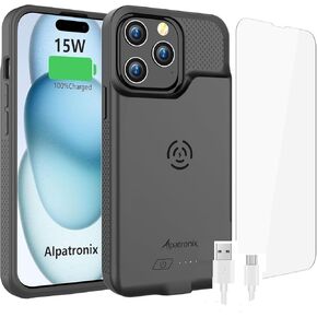 Alpatronix Battery Case for iPhone 15 Pro & 15, Portable Strong Slim Protective Extended Charger Cover, 15W Fast Charging, High Capacity with Wireless Charging (BX15) –Black