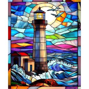 DIYDECORFUN Lighthouse Diamond Art Kits for Adults,DIY 5D Stained Glass Lighthouse Diamond Painting Kit for Beginners,Full Round Drill Landscape Dot Mosaic Gem Art for Home Wall Decor12X 16Inch