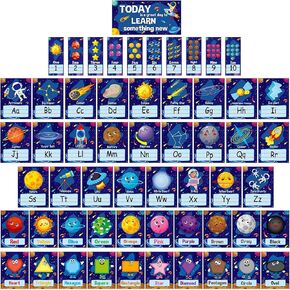 57PCS Outer Space Alphabet Number Bulletin Board Classroom Wall Letters Colors Shapes Poster ABC Number Lines Galaxy Educational Learning Cards for Teacher Preschool Kindergarten Decor in Kuwait