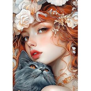 AIRDEA Elegant Lady Diamond Art Painting Kits for Adults Beauty and Cat,5D DIY Gem Art Kits for Home Wall Decor 12x16in,Round Full Drill,Beauty