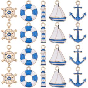 SUNNYCLUE 1 Box 60Pcs 5 Styles Nautical Charms Anchor Charms Bulk Alloy Ocean Blue Sea Sailor Ship Boat Navy Beacon Summer Charm for Jewelry Making Charms Women DIY Necklaces Earrings Bracelets