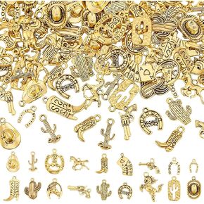 PH PandaHall 90pcs 18 Styles Western Cowboy Charms Tibetan Western Pendant Antique Golden Cowboy Boot Hat Horse Cactus Pendants Cowboy Metal Charms for Bracelet Necklace Keychain Jewelry Making