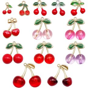 Julie Wang 26PCS Mixed Pink Red Purple Cherry Charm Acrylic Cherries Pendant for Keychain Bracelet Necklace Jewelry Making