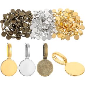 150Pcs Glue on Bails Pendants, Round Pendant Connector Glue-on Flat Pad Bails Pendants Charms for Necklace Bracelet Jewelry Making, Golden Silver Bronz