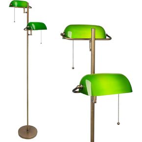 FIRVRE Green Glass Bankers Floor Lamp Classic Vintage Standing Lamp with Pull Chain Switch Adjustable Arm Reading Floor Light for Bedroom Headboard Workplace Office Piano Style Lamp