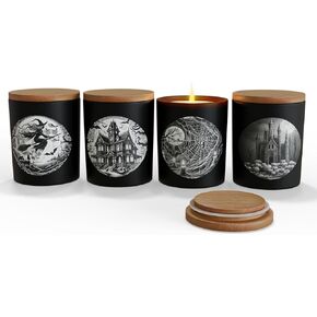 NATIKON 9oz Black Glass Candle Jars with Airtight Lids - Pack of 4 with Haunted House, Castle & Witch Designs for Candle Making & Storage (4)