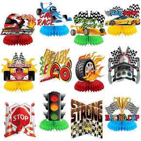 12 Pcs Race Car Birthday Party Decorations Race Car Honeycomb Centerpieces 3D Double Sided Racing Car Table Decorations Table Topper Photo Booth Props for Race Car Theme Party Supplies
