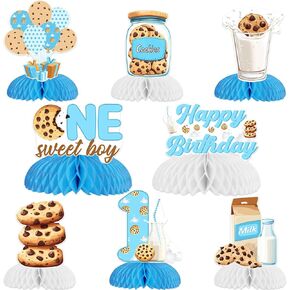 Funmemoir Milk and Cookie 1st Birthday Party Decorations, 8pcs Milk and Cookie Happy Birthday Honeycomb Centerpiece Biscuit Table Decoration for Drink Dessert Sweet One 1st Bday Party