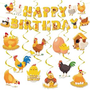 Chicken Happy Birthday Decorations - 12 Pcs Yellow Banner and Hanging Swirls Set Cute Cartoon Farm Animals Chick Roosters Hen Themed Party Supplies for Kids Boys Girls Wall Ceiling Decor