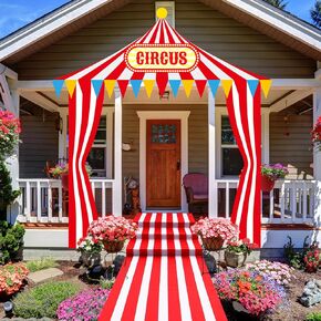4 Pcs Carnival Circus Tent Decorations Carnival Entryway Door Party Decor Pink and White Striped Awning Hanging Banner Aisle Runners Supply for Circus Theme Birthday Celebration(Exquisite)