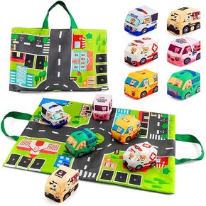 6-Pack Jingle Bell Fabric Cars Toys, Shake to Ring, with Cartoon Map-Print Storage Bag