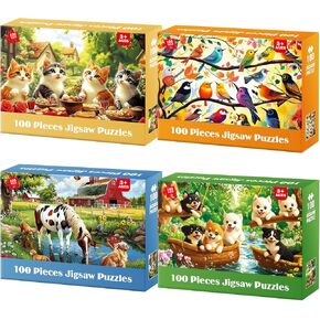 4 Packs 100 Piece Puzzles for Kids - Food Animals Scenery, Large Piece Puzzles for Seniors Adults Kid Puzzle Ages 5-8 Jigsaw Puzzle for Kids Ages 6-8 8-10 Learning Educational Toys