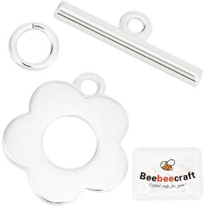 Beebeecraft 1 Box 10Pcs Bracelet Toggle Clasps 925 Sterling Silver Plated Flower T-Bar Clasps Toggle Ring Jewelry Findings Hole 1.2mm for Necklace Bracelet and DIY Jewelry Making