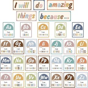 Boho Affirmation Station Bulletin Board Set Motivational Alphabet Posters Growth Wall Decor Positive Affirmations Cutouts Rainbow Bulletin Board for School Classroom Wall Decoration Supply