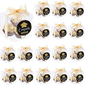 100 Set Graduation Clear Favor Boxes with Congrats Grad Labels Stickers 2 x 2 x 2 Inches Small Candy Containers Transparent Gift Boxes for Graduation Party Supply Candy Chocolate Macaron Packaging