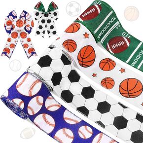 4 Rolls 20 Yards Sports Themed Wired Edge Ribbon, 2.5" Football Baseball Basketball Soccer Printed Burlap Ribbon for Birthday Sports Camp Party Decor Gift Wrapping DIY Crafts