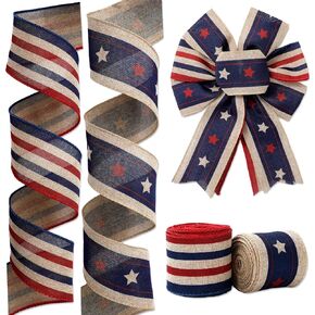 Patriotic Wired Edge Ribbon Vintage Stars Stripes Fabric Ribbon 4th of July Craft Ribbon for Independence Day Memorial Day DIY Crafts, 2 Roll, 20 Yards
